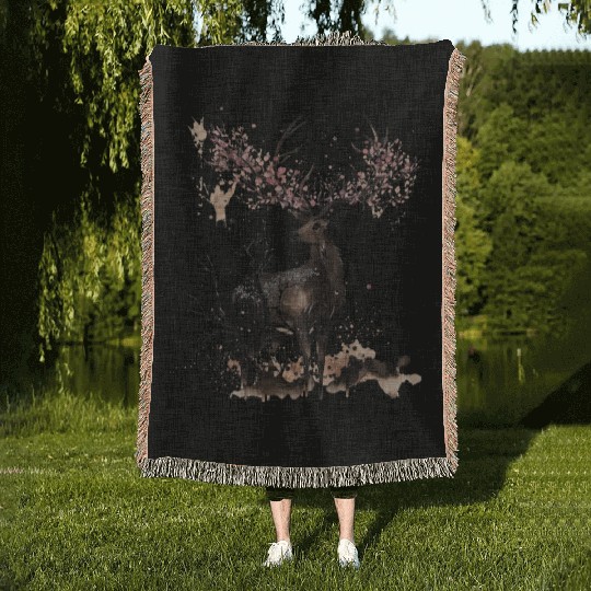 Deer Cherry blossoms Sakura tree Sumie Woven Blankets