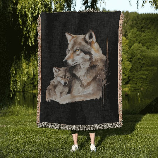 Mother Wolf with Baby Watercolor Woven Blankets