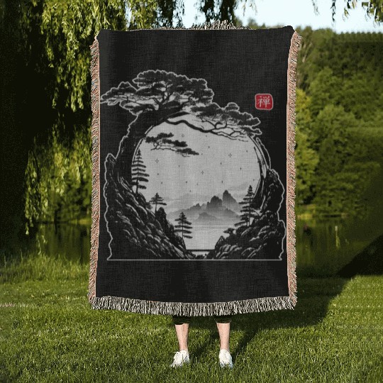 Japanese Zen Circle Landscape Buddhism Bonsai Tree Woven Blankets