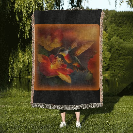 Hummingbird Hibiscus Flower Morning Sunrise Nature Woven Blankets