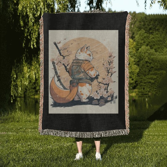 samurai katana cat vintage Woven Blankets