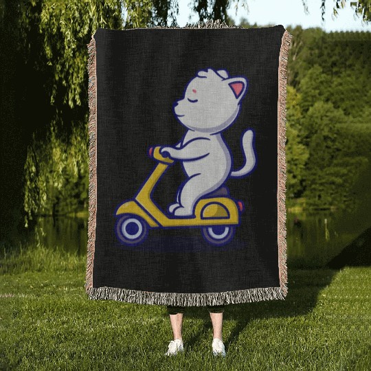 cute cat rid scooter cartoon icon illustration Woven Blankets