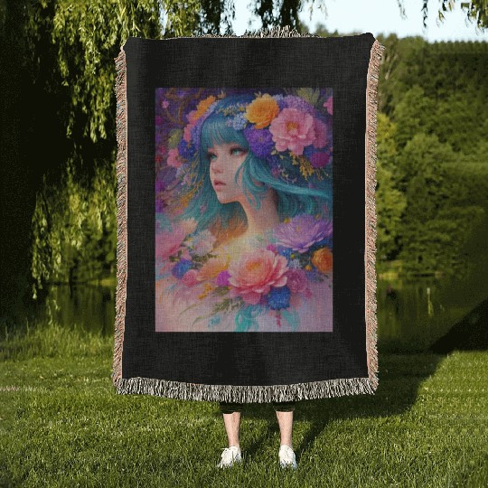 Spring Girl with a bouqet of flowers garland #6 Woven Blankets