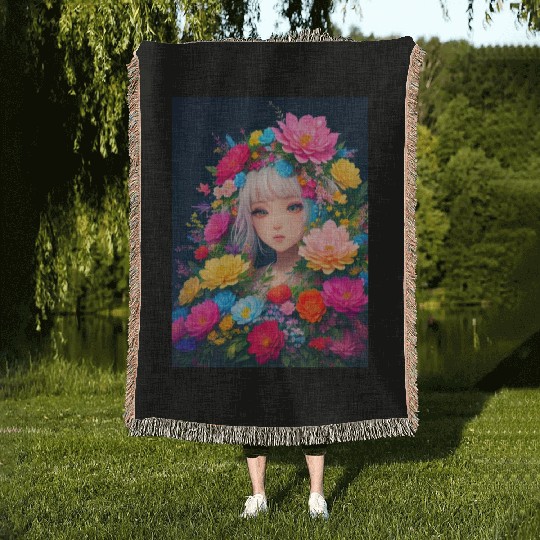 Spring Girl with a bouqet of flowers garland #16 Woven Blankets