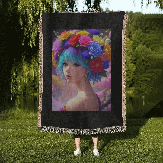 Spring Girl with a bouqet of flowers garland #21 Woven Blankets