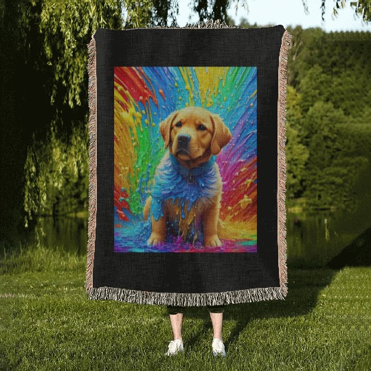 Labrador Retriever with rainbow splashes of colors Woven Blankets