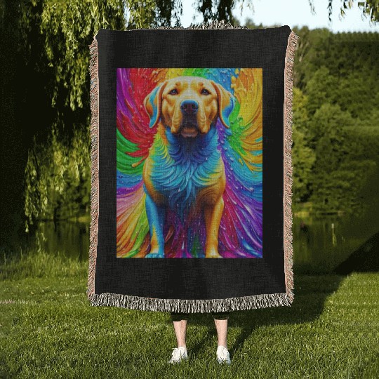 Labrador Retriever with rainbow splashes of colors Woven Blankets