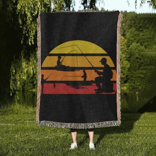Vintage sunset fishing boat angler Woven Blankets