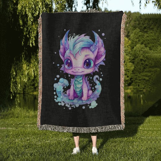Cute aqua and purple watercolor dragon Woven Blankets