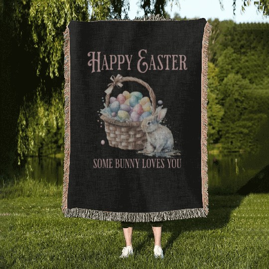 Happy Easter Bunny Colorful watercolor Easter Egg Woven Blankets
