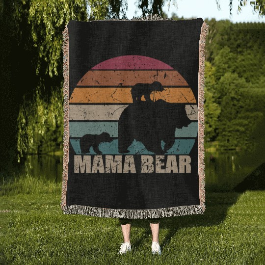 Retro Mama Bear of Twins Mother's Day Woven Blankets