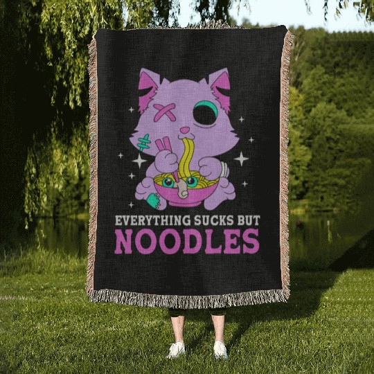 Pastel Goth Cat Ramen Everything Sucks But Noodles Woven Blankets