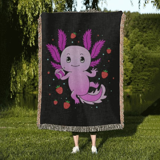 Pastel Gothic Aesthetic Axolotl Strawberry Milk Woven Blankets
