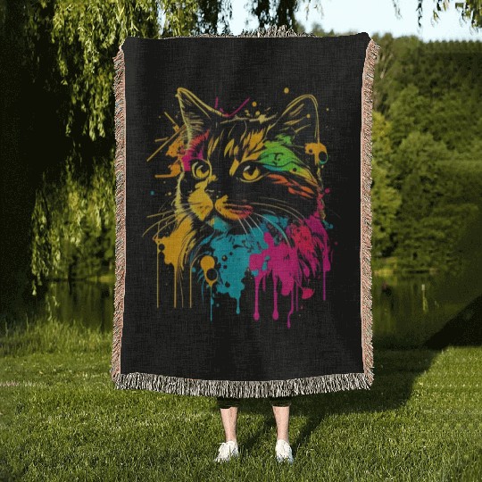 realistic cat meow outline wpap colorful Woven Blankets