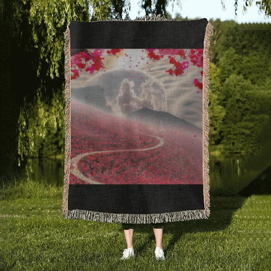 Misty Mountain Cherry Blossom Landscape Woven Blankets