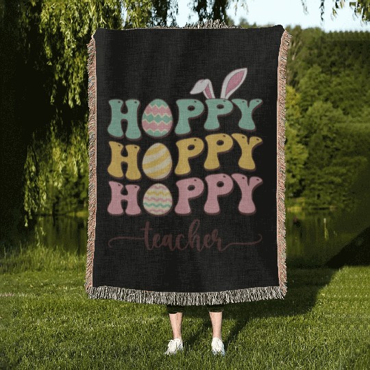 Easter Teacher Bunny Happy Easter Egg Retro Girl Woven Blankets