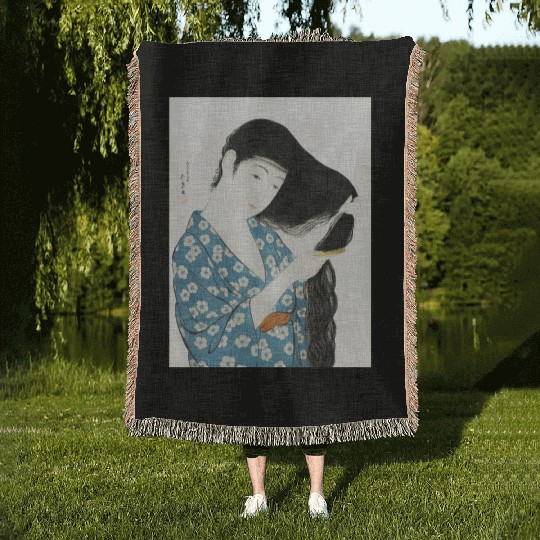 Japanese Woman Kimono Hair Ukiyoe art Woven Blankets