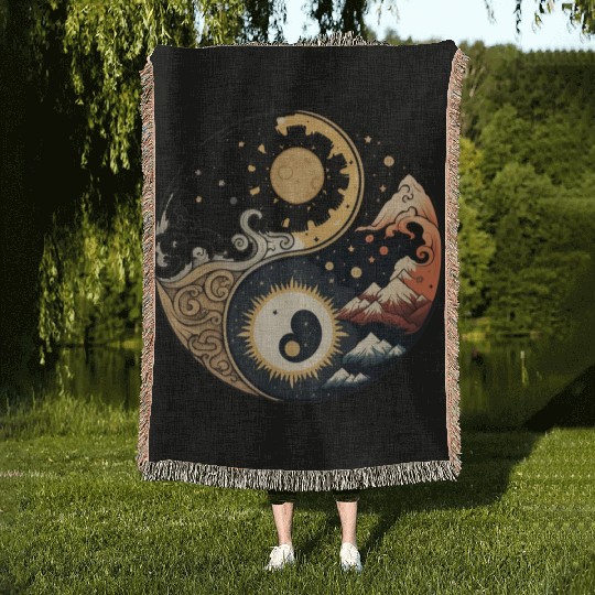 Sun and moon yin yang Woven Blankets