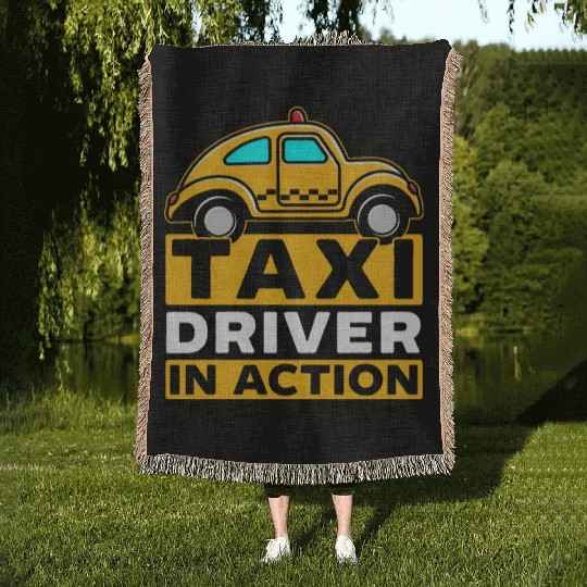 Taxi Driver In Action Taxicab Cab Driver Cabbie Woven Blankets