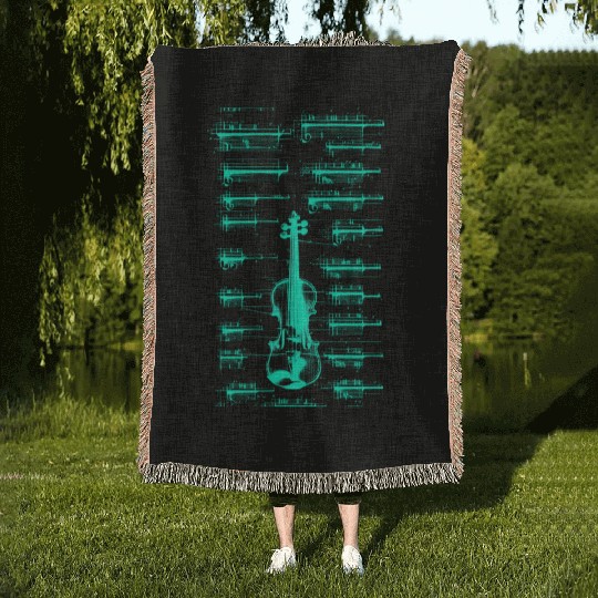 Teal Neon Da Vinci violin blueprint Woven Blankets