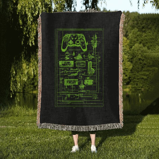 Neon Green Video Game Controller Blueprint Woven Blankets