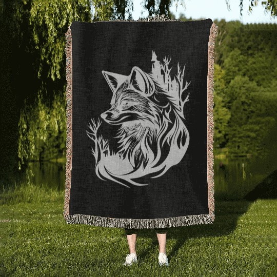 Pretty Cute Tattoo Style Fox In The Forest Woven Blankets