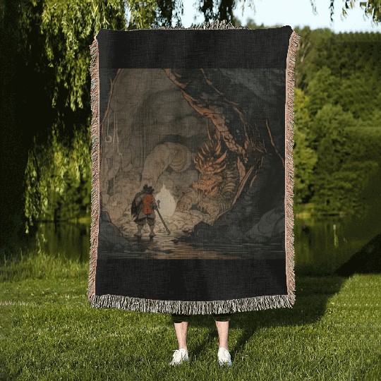 Dragon sleeping in a cave Woven Blankets