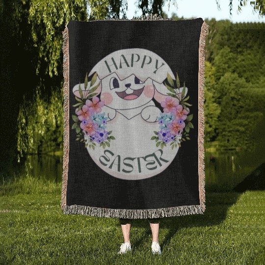 Happy Easter Bunny with Flowers Woven Blankets