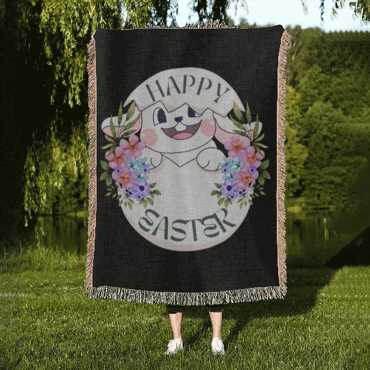 Happy Easter Bunny with Flowers Woven Blankets
