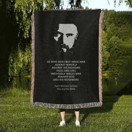 Saint Nicholas Serbian on the metaphysics of war Woven Blankets