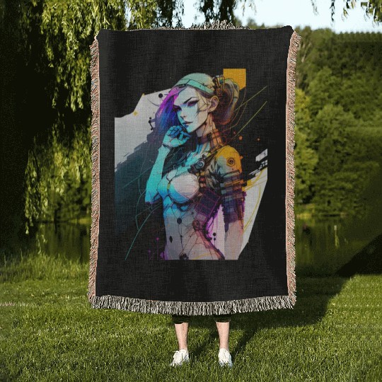 The Neon Future A Cyberpunk Girl with Purple Hair Woven Blankets