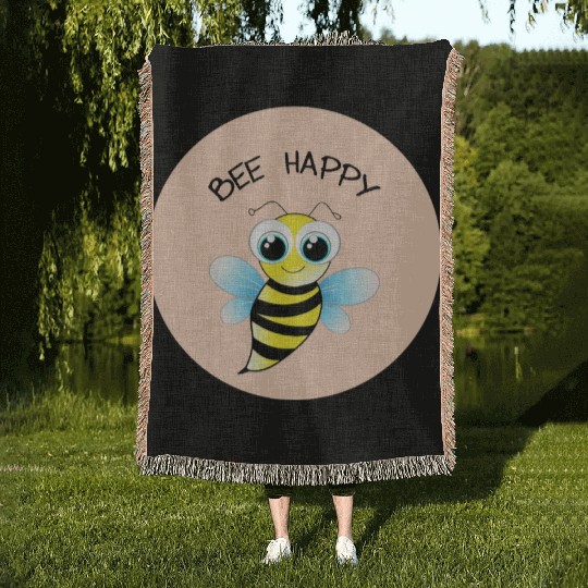 BEE HAPPY - MENTAL HEALTH STICKER Woven Blankets