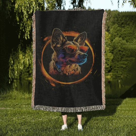 German Shepherd-neon dog Woven Blankets