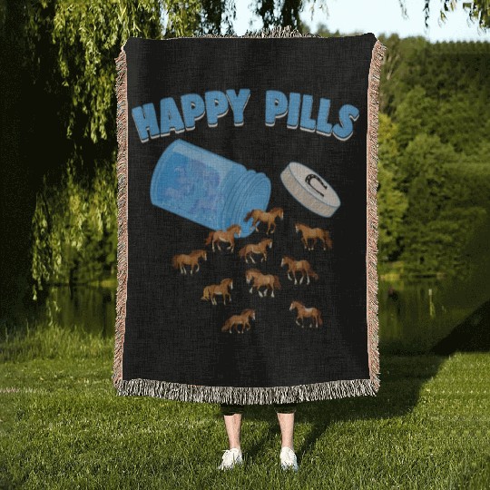 Happy Pills Farm Animal Funny Horse Lovers Humor Woven Blankets