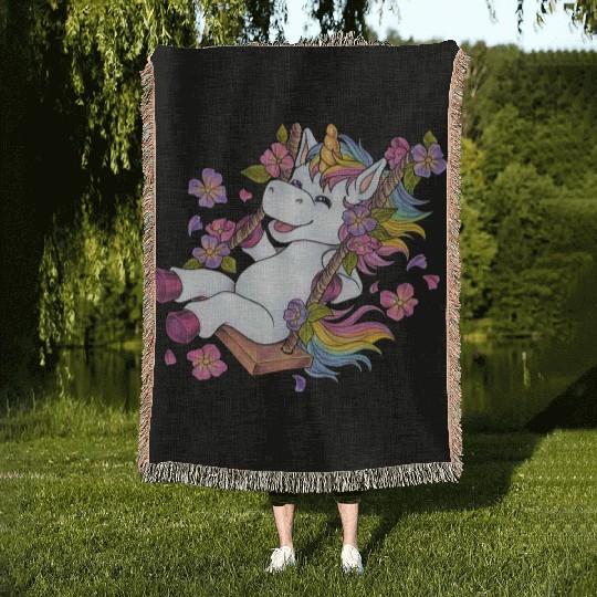Cute unicorn on swing Flowers Spring gift children Woven Blankets
