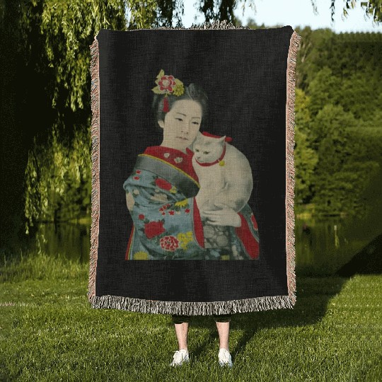 Geisha Cat Kimono Japanese Vintage Art Woven Blankets