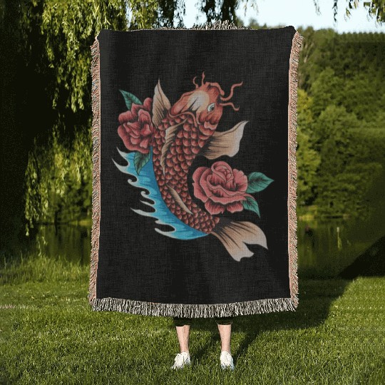 Koi Fish and Roses Woven Blankets