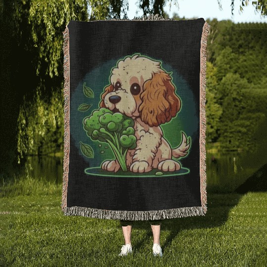 Cute dog eats green broccoli vegetables Woven Blankets