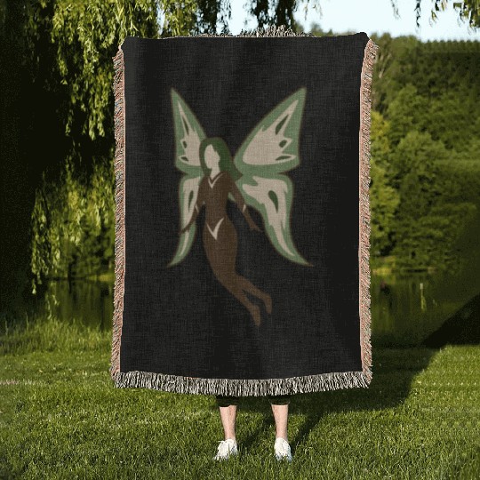 woman with green and white butterfly on her back Woven Blankets