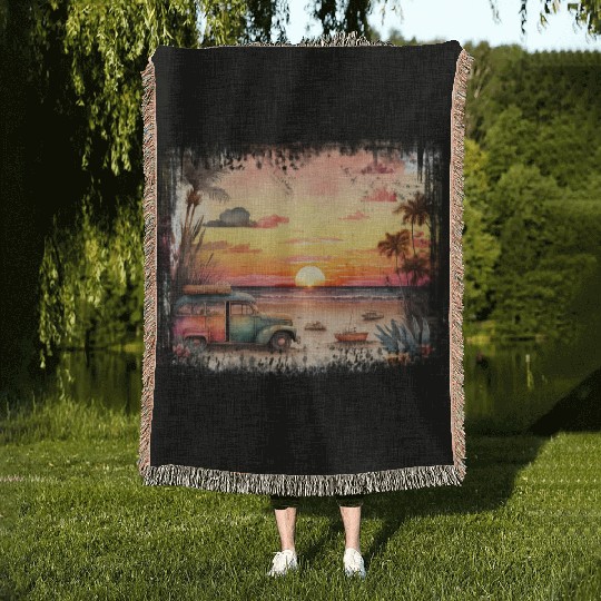 Beach Sunset Watercolor Design Art 2 Woven Blankets