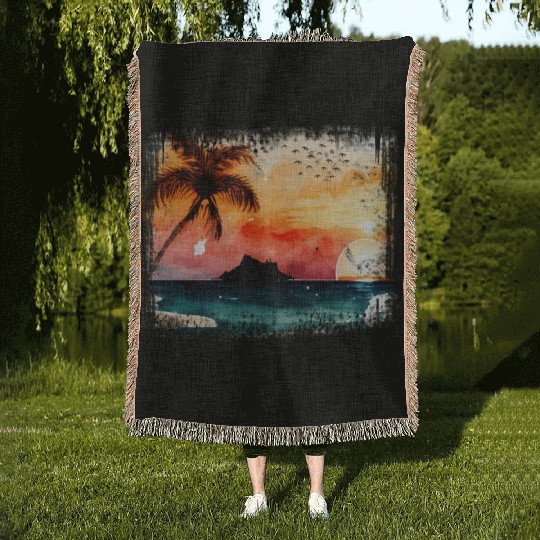 Beach Sunset Watercolor Design Art 5 Woven Blankets