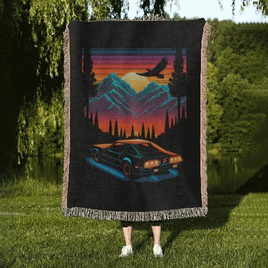 1980s Muscle Car and Retro Neon Mountain Sunset Woven Blankets