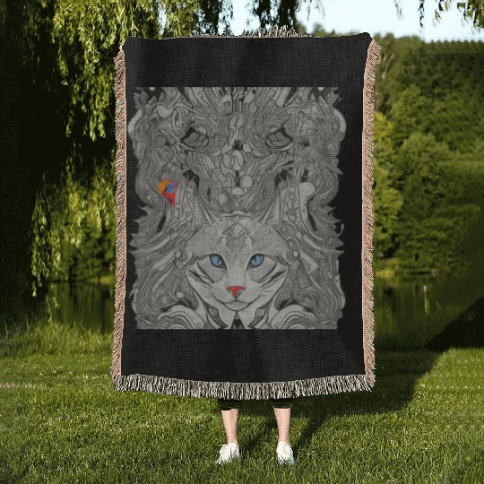 Psychedelic cat with bird Woven Blankets