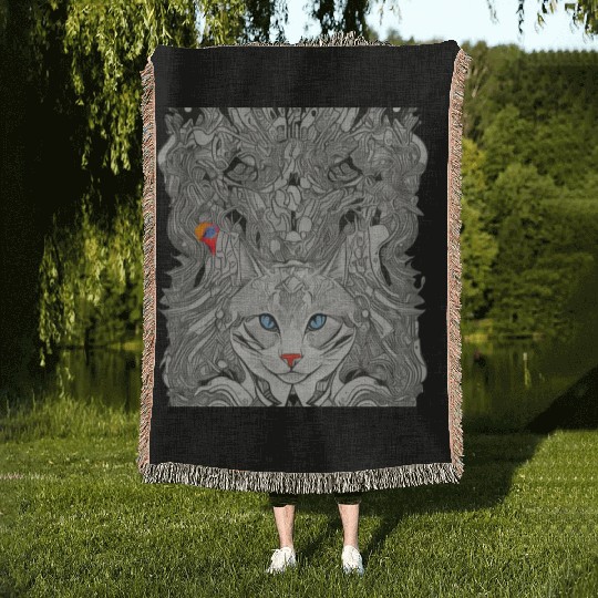 Psychedelic cat with bird Woven Blankets