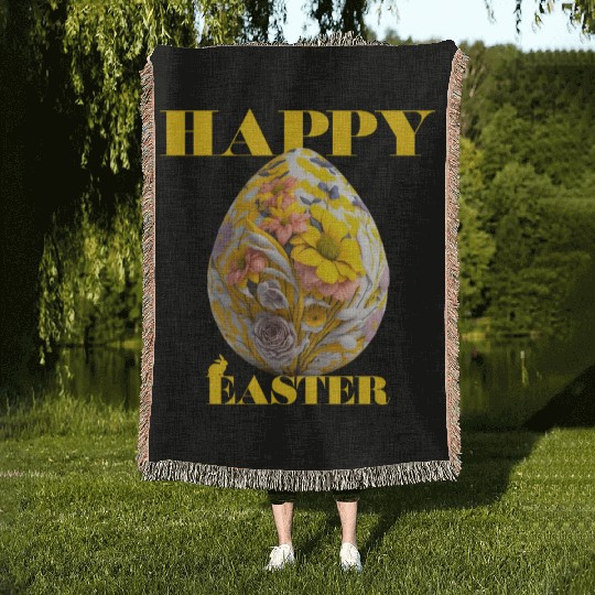 Happy Easter Egg Design with Floral Elements Woven Blankets