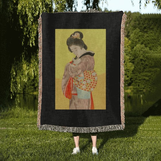Geisha in Kimono with Cat Retro art Woven Blankets