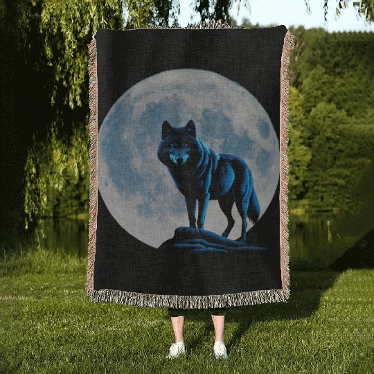 Wolf howling at the moon graphic Woven Blankets