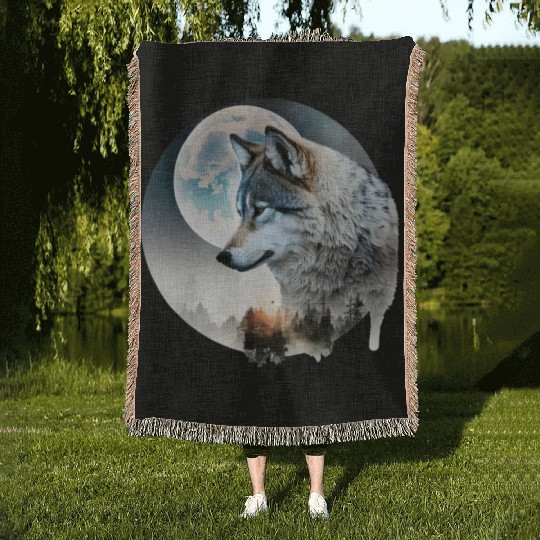 Wolf Moonlight Forest Wild Werewolf Watercolor 3 Woven Blankets