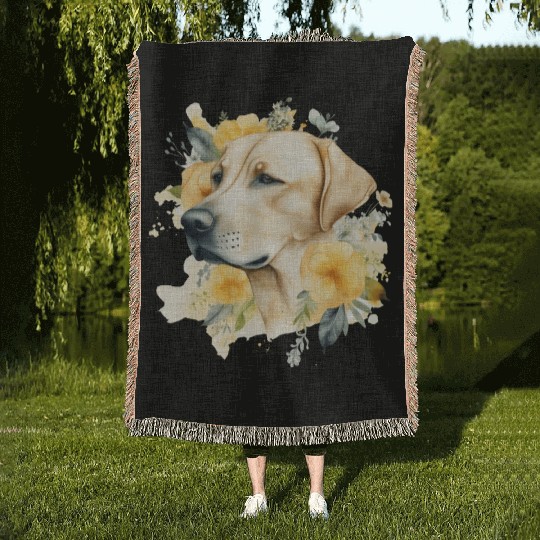 Yellow Lab Dog Watercolor Floral Woven Blankets
