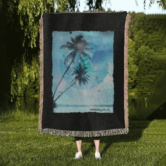 Artistic Honolulu Oahu Hawaii Palm Tree Vacation Woven Blankets